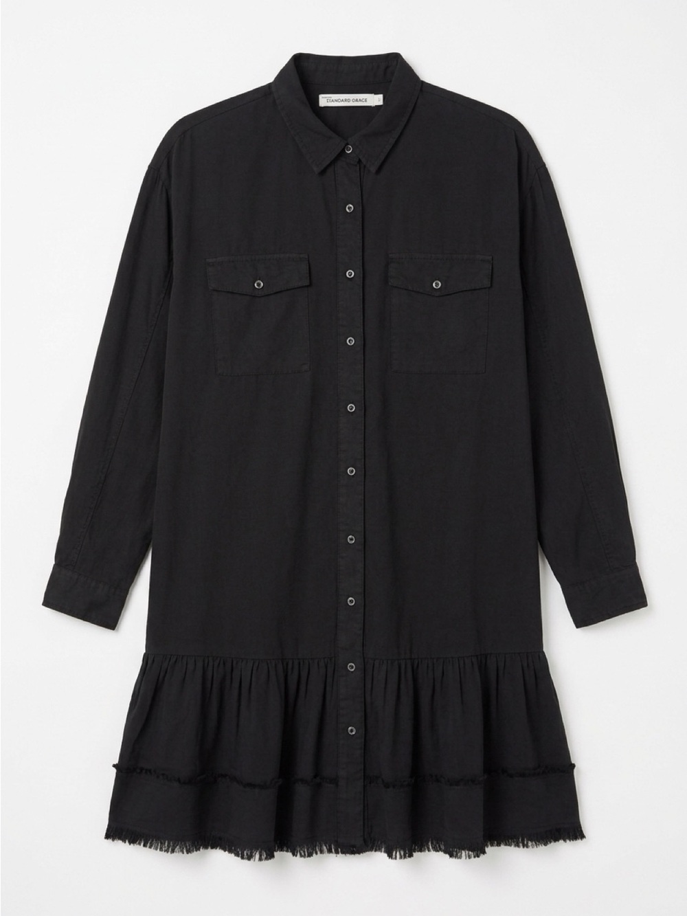 Standard Grace Black Long-Sleeve Shirt Dress with Ruffle Hem